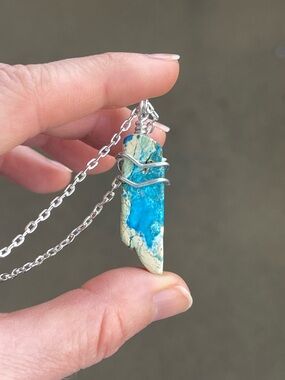 Blue Rectangular Stone Pendant Necklace with Silver Wire Wrap